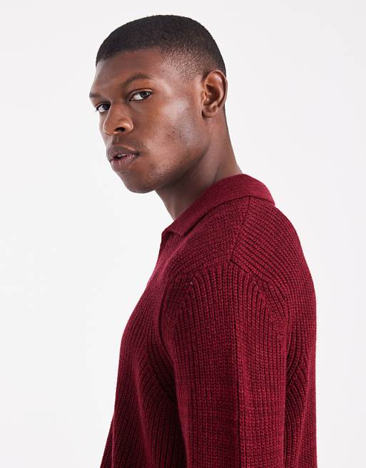 DESIGN Relaxed Knitted Notch Neck Polo In Red Twist