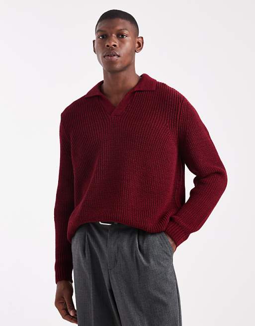 DESIGN relaxed knitted notch neck polo in red twist
