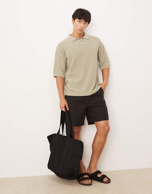 DESIGN Relaxed Knitted Pique Polo In Khaki