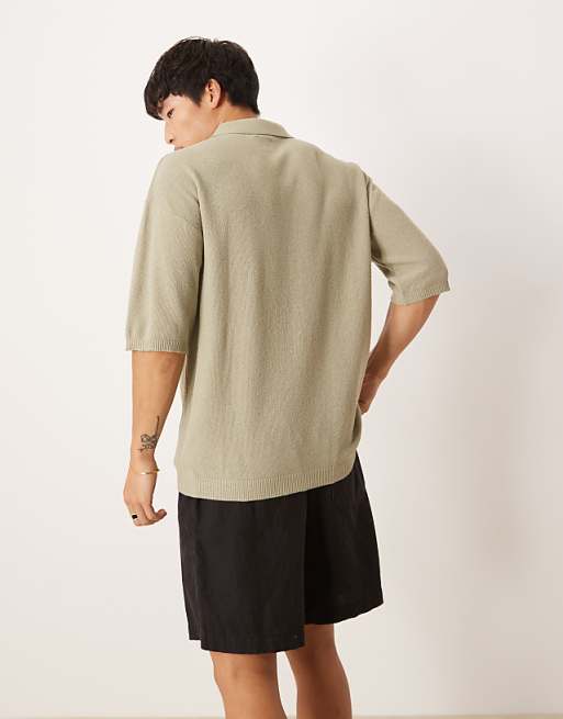 DESIGN Relaxed Knitted Pique Polo In Khaki