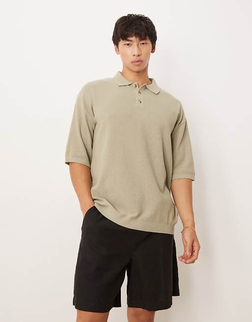 DESIGN relaxed knitted pique polo in khaki