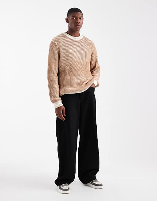 DESIGN Relaxed Knitted Plated Rib Crew Neck Jumper In Stone