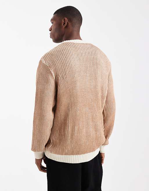 DESIGN Relaxed Knitted Plated Rib Crew Neck Jumper In Stone