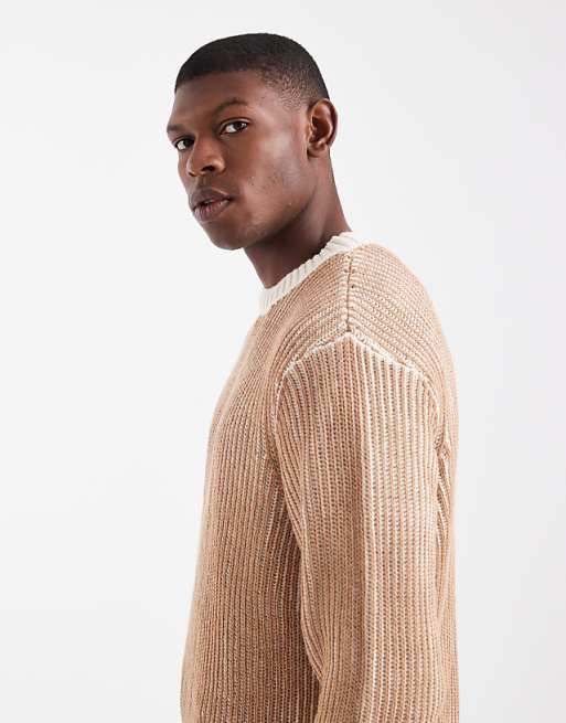DESIGN Relaxed Knitted Plated Rib Crew Neck Jumper In Stone