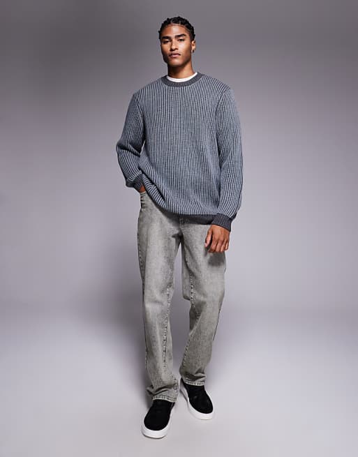 DESIGN Relaxed Knitted Plated Rib Crew Neck Jumper In Grey