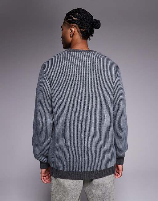 DESIGN Relaxed Knitted Plated Rib Crew Neck Jumper In Grey
