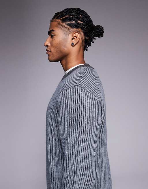 DESIGN Relaxed Knitted Plated Rib Crew Neck Jumper In Grey
