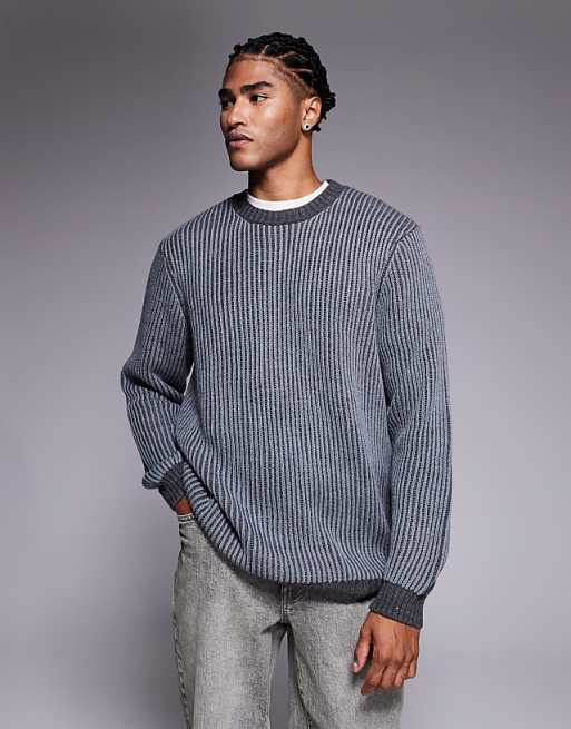 DESIGN relaxed knitted plated rib crew neck jumper in grey