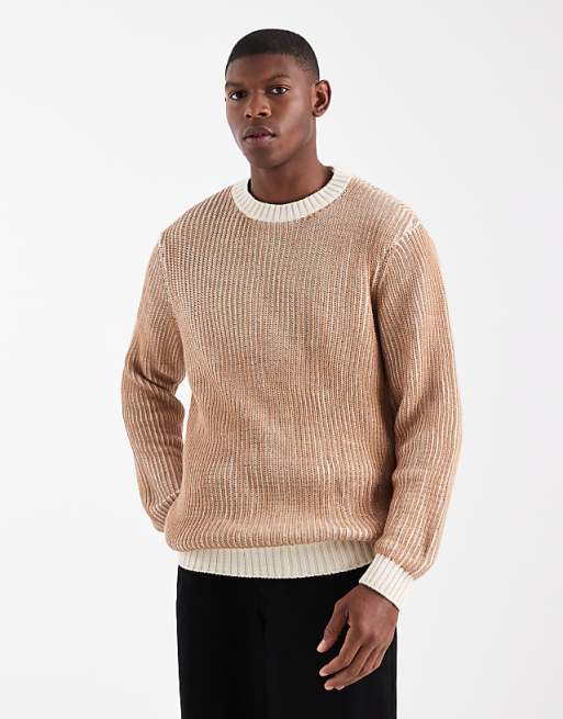 DESIGN relaxed knitted plated rib crew neck jumper in stone