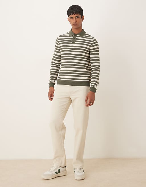 DESIGN Relaxed Knitted Polo In Green And White Stripe