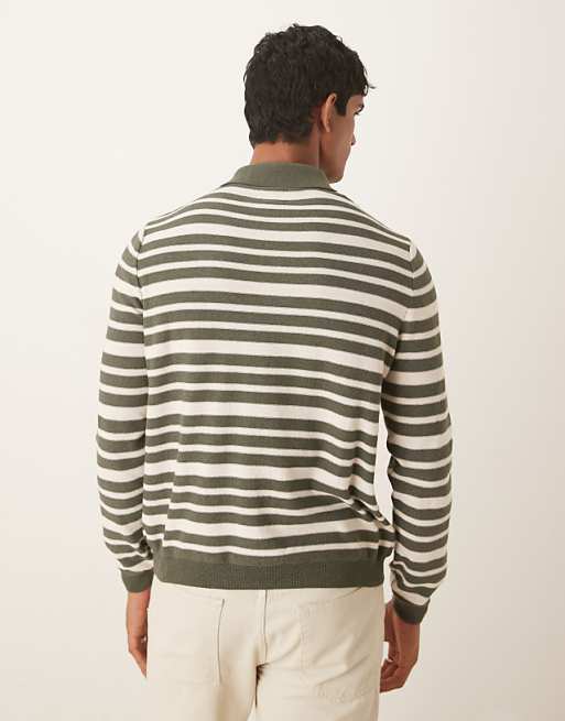 DESIGN Relaxed Knitted Polo In Green And White Stripe