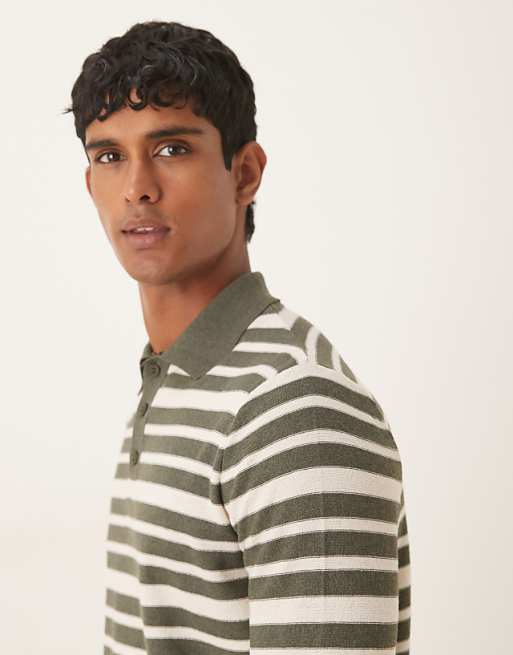 DESIGN Relaxed Knitted Polo In Green And White Stripe