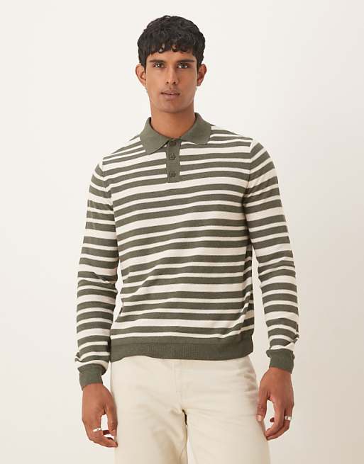 DESIGN relaxed knitted polo in green and white stripe