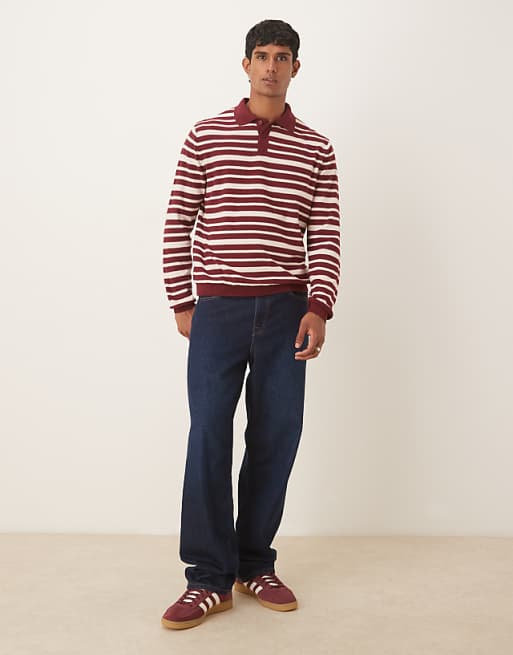 DESIGN Relaxed Knitted Polo In Red And White Stripe