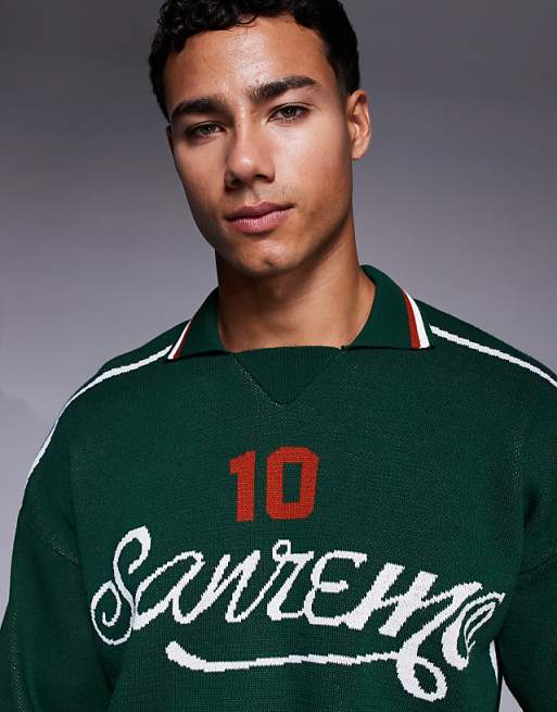 DESIGN Relaxed Knitted Polo With Sport Graphic In Dark Green