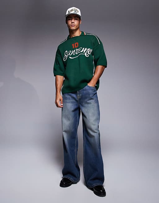 DESIGN Relaxed Knitted Polo With Sport Graphic In Dark Green