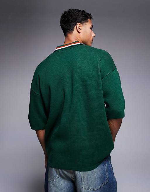 DESIGN Relaxed Knitted Polo With Sport Graphic In Dark Green