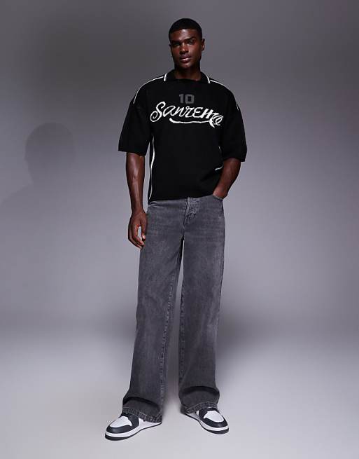 DESIGN Relaxed Knitted Polo With Sport Graphic In Black