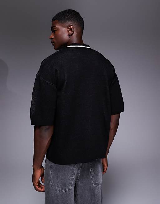 DESIGN Relaxed Knitted Polo With Sport Graphic In Black