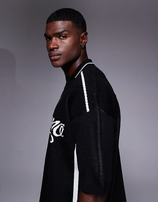 DESIGN Relaxed Knitted Polo With Sport Graphic In Black