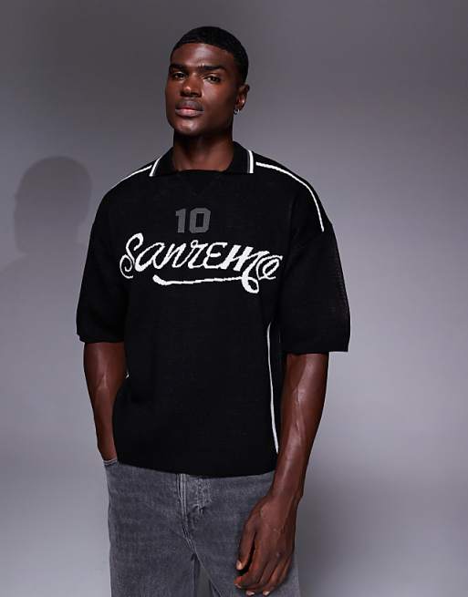 DESIGN relaxed knitted polo with sport graphic in black