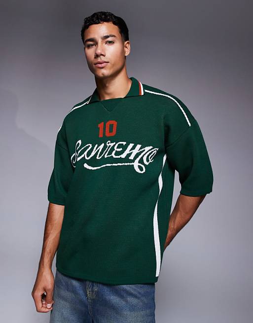 DESIGN relaxed knitted polo with sport graphic in dark green