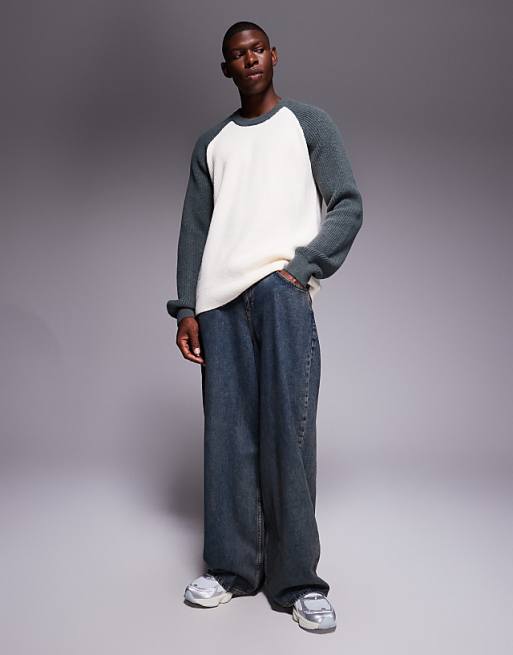 DESIGN Relaxed Knitted Raglan Long Sleeve Crew Neck Jumper In White