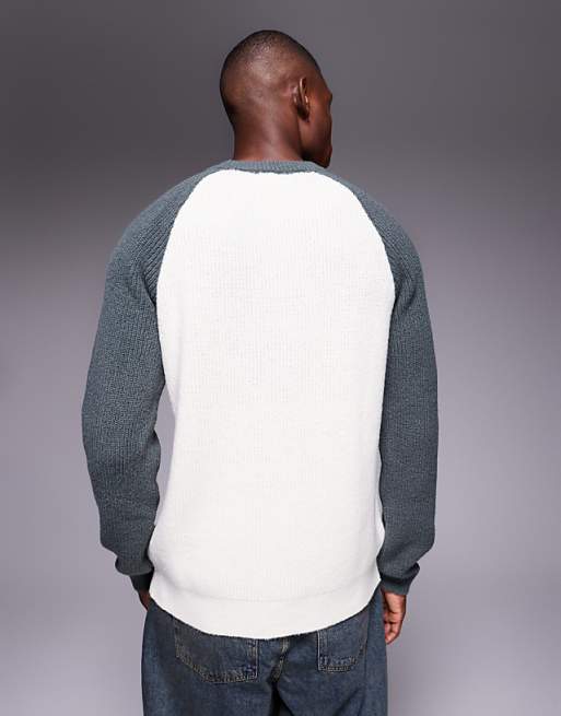 DESIGN Relaxed Knitted Raglan Long Sleeve Crew Neck Jumper In White