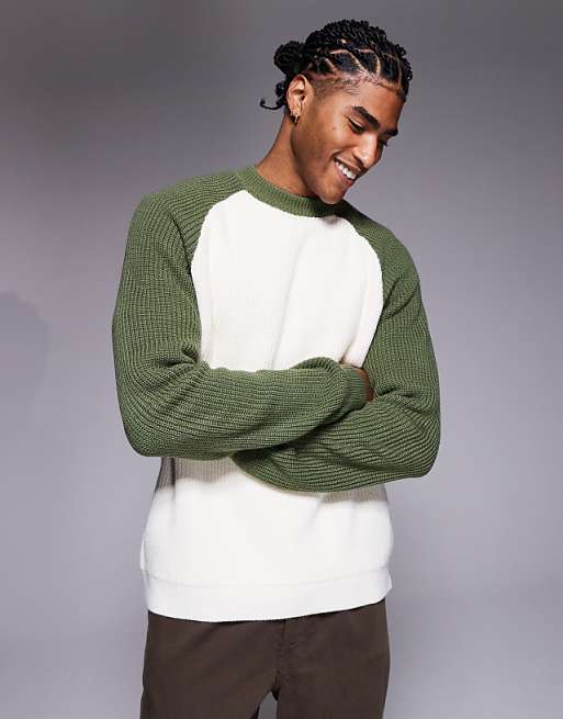 DESIGN relaxed knitted raglan long sleeve crew neck jumper in cream