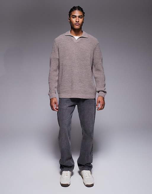 DESIGN Relaxed Knitted Rib Notch Neck Polo In Mink