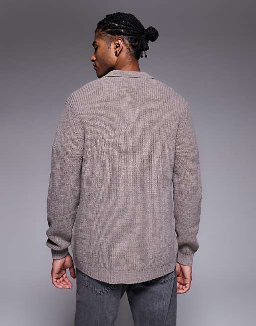 DESIGN Relaxed Knitted Rib Notch Neck Polo In Mink