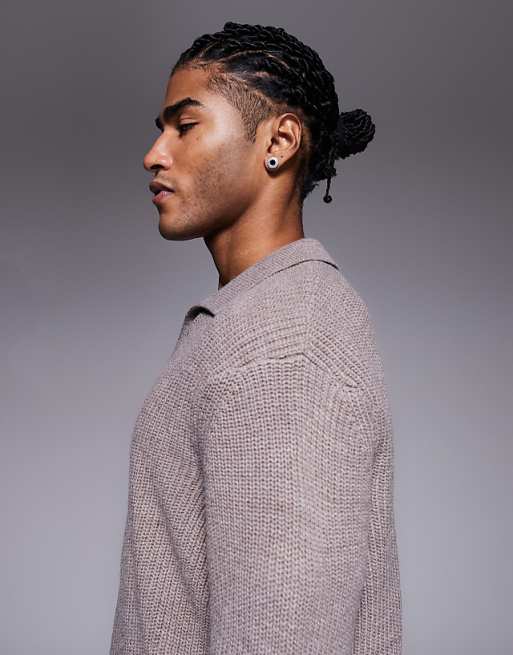 DESIGN Relaxed Knitted Rib Notch Neck Polo In Mink