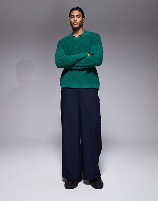 DESIGN Relaxed Knitted Rib Notch Neck Polo In Green