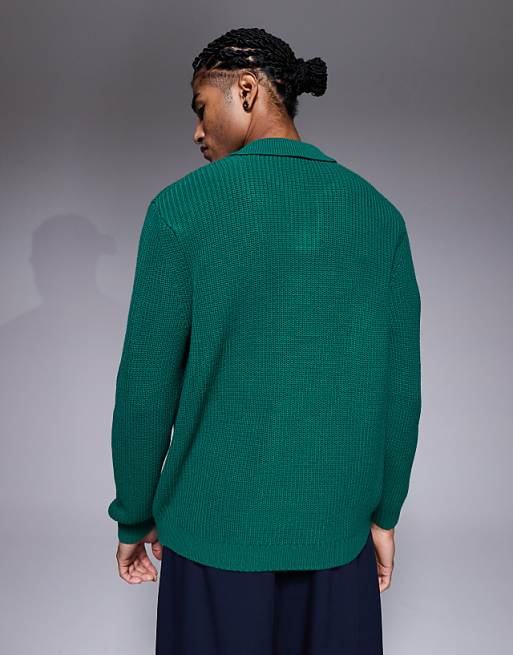 DESIGN Relaxed Knitted Rib Notch Neck Polo In Green
