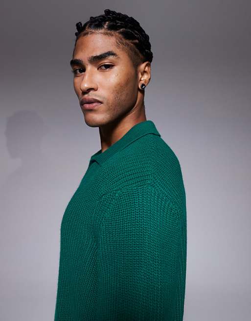 DESIGN Relaxed Knitted Rib Notch Neck Polo In Green