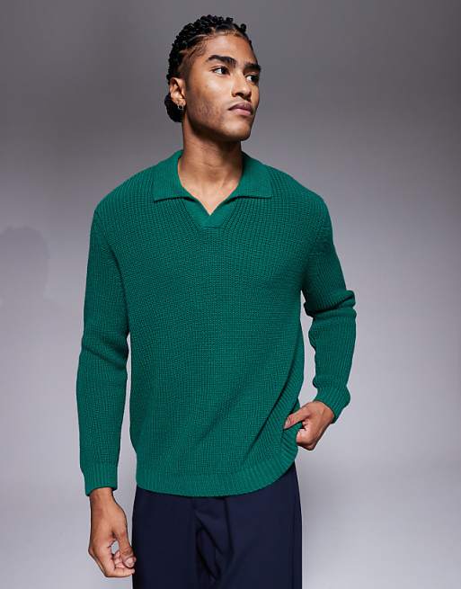 DESIGN relaxed knitted rib notch neck polo in green