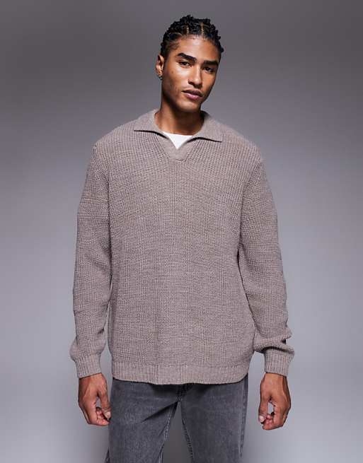 DESIGN relaxed knitted rib notch neck polo in mink