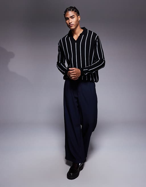 DESIGN Relaxed Knitted Stripe Notch Neck Polo In Black