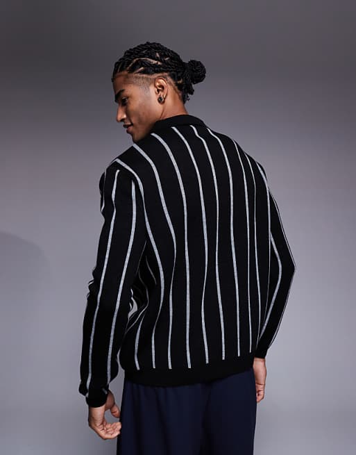 DESIGN Relaxed Knitted Stripe Notch Neck Polo In Black