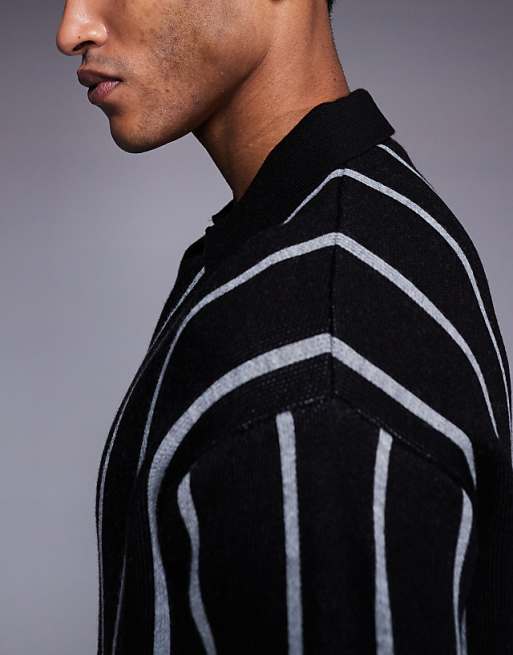 DESIGN Relaxed Knitted Stripe Notch Neck Polo In Black
