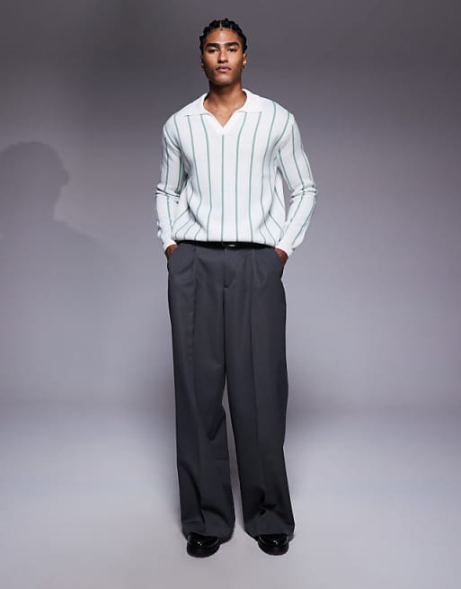 DESIGN Relaxed Knitted Stripe Notch Neck Polo In Ecru