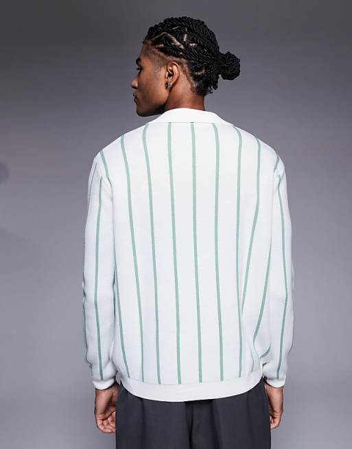DESIGN Relaxed Knitted Stripe Notch Neck Polo In Ecru