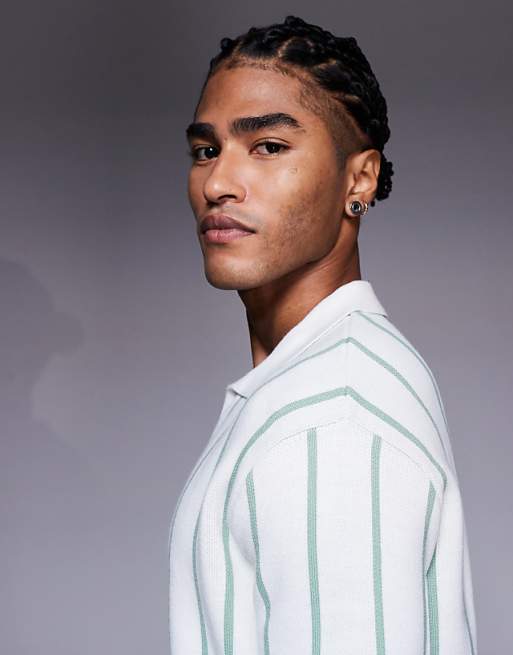 DESIGN Relaxed Knitted Stripe Notch Neck Polo In Ecru