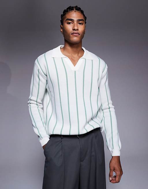 DESIGN relaxed knitted stripe notch neck polo in ecru