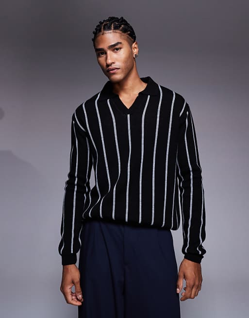 DESIGN relaxed knitted stripe notch neck polo in black