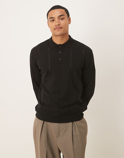 DESIGN Relaxed Knitted Stripe Polo In Black