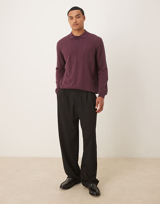 DESIGN Relaxed Knitted Stripe Polo In Burgundy