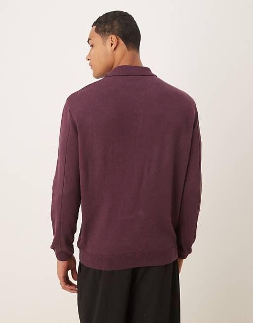 DESIGN Relaxed Knitted Stripe Polo In Burgundy