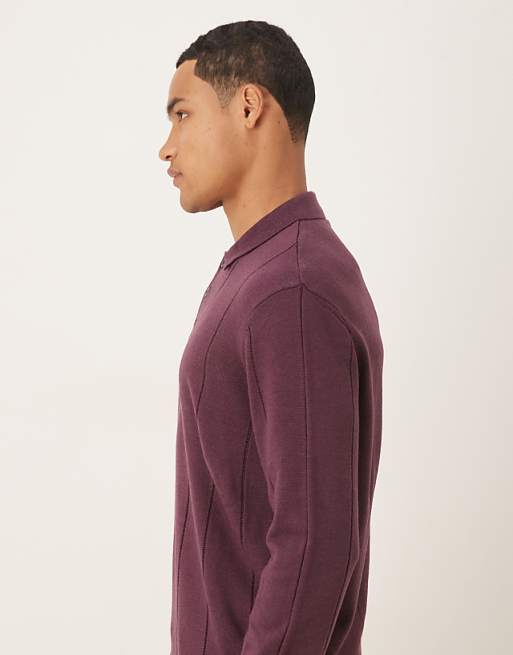DESIGN Relaxed Knitted Stripe Polo In Burgundy