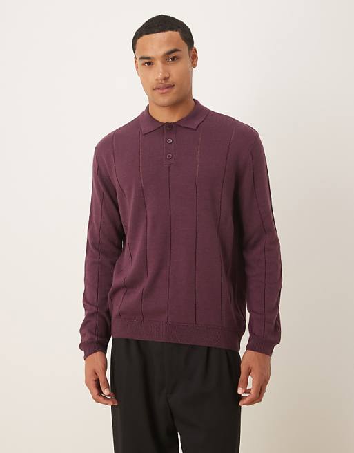 DESIGN relaxed knitted stripe polo in burgundy